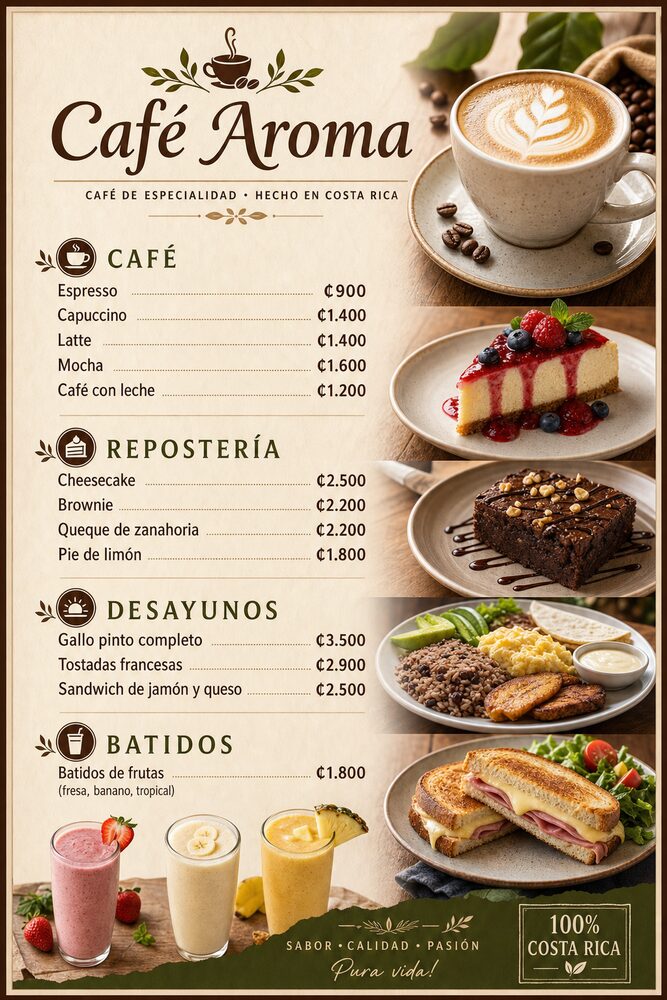 Ejemplo de menú para cafetería